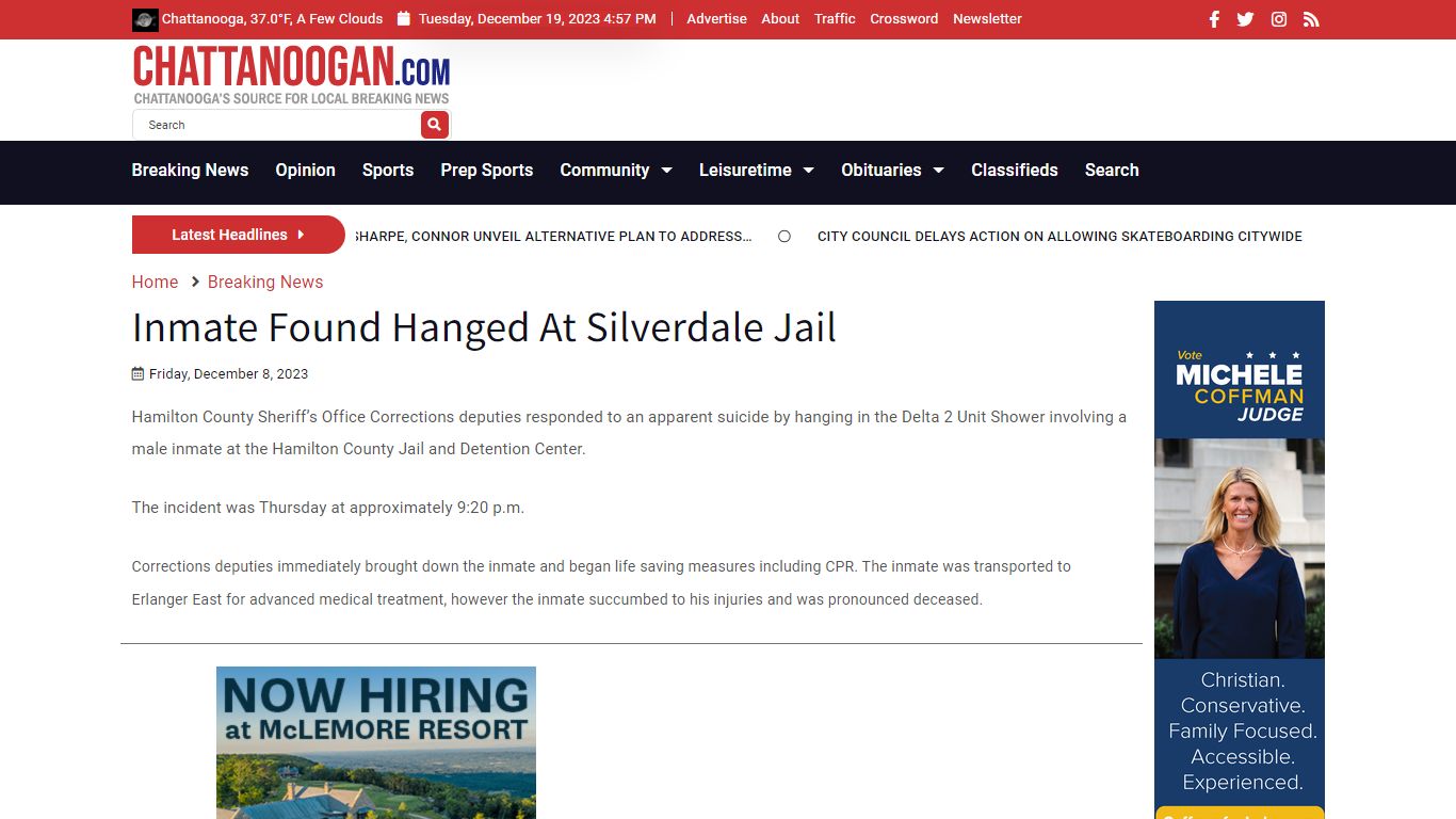 Inmate Found Hanged At Silverdale Jail - Chattanoogan.com
